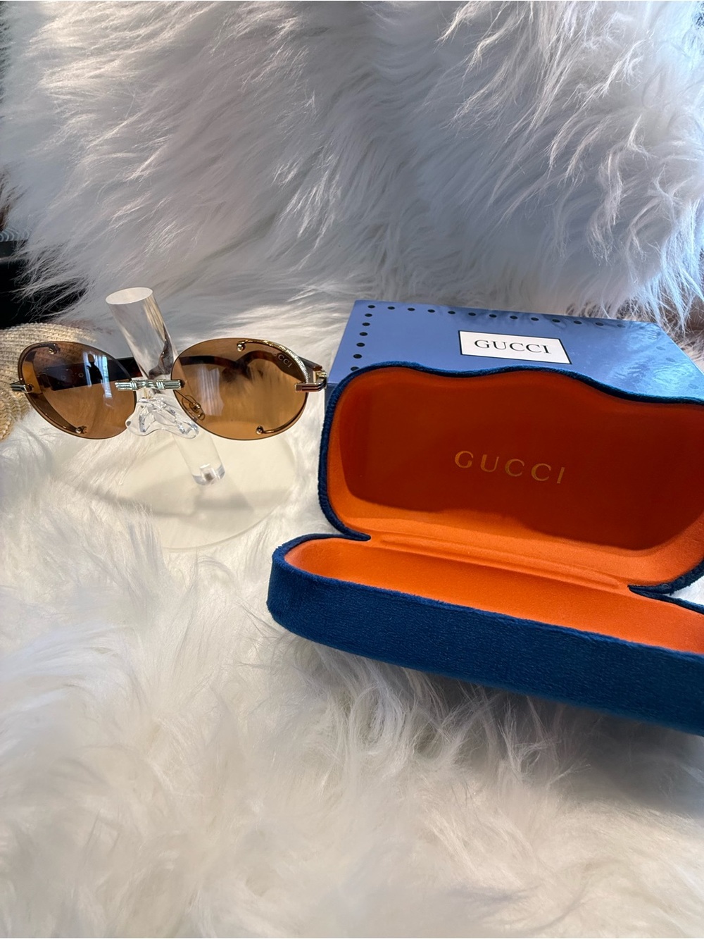 Gucci Rimless Oval Sunglasses with Brown Lenses and Gold Hardware